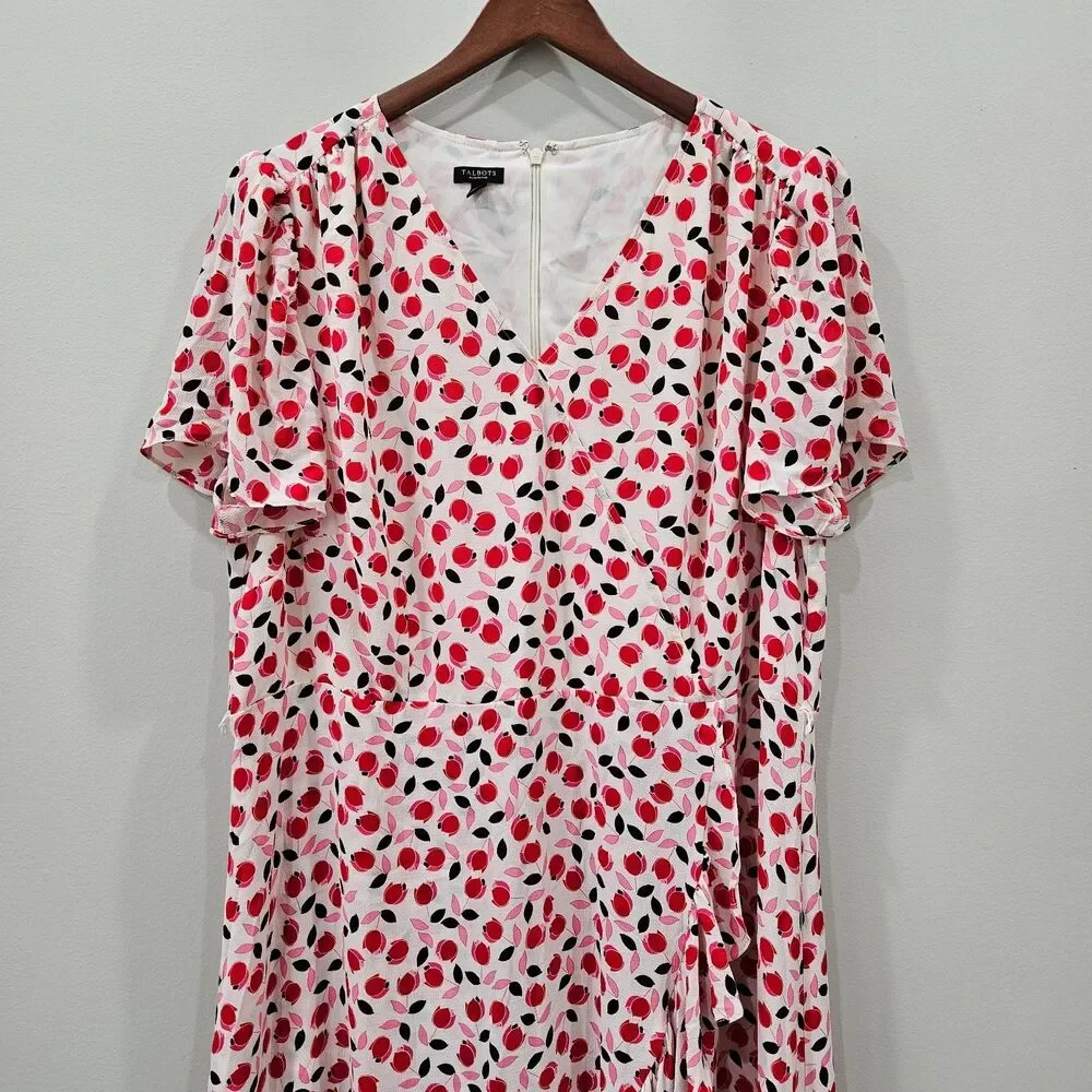 Talbots Womens Chiffon Wrap Dress 18WP White Red Ruffled Floral Fairy Bohemian